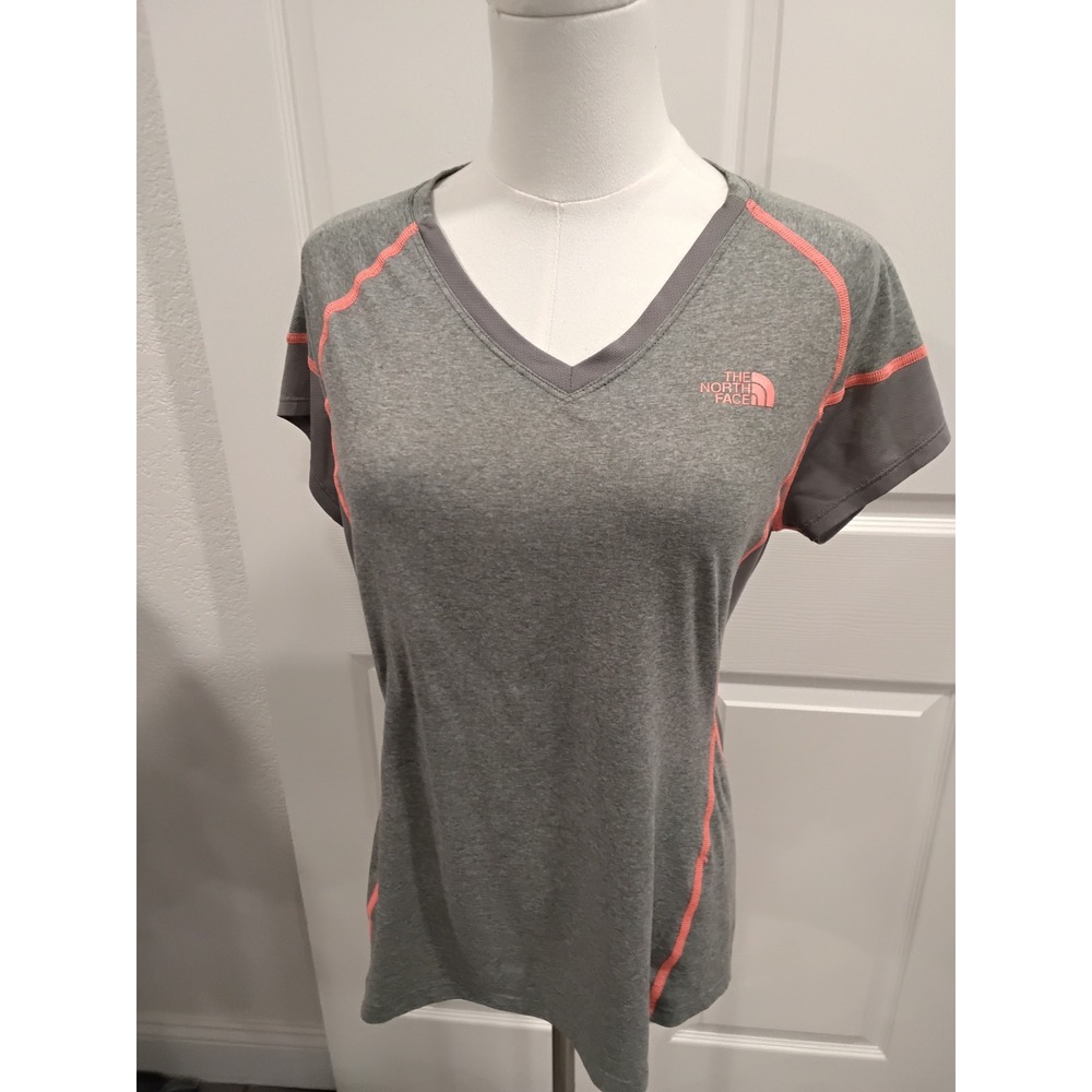 The North Face Womens FlashDry V-Neck Performance T-Shirt Gray Coral Large